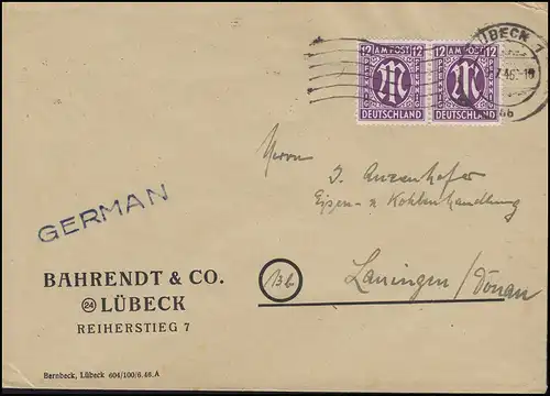 AM-Post 2x 12 Pf. MeF Fern-Brief LÜBECK 1 bb - 9.7.46 nach Lauingen