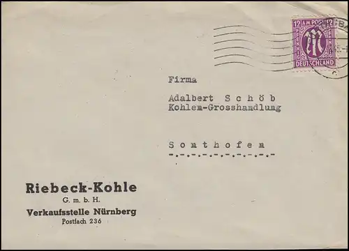 AM-Post 12 Pf. EF Riebeck-Kohle Nürnberg von FÜRTH 8.11.45 nach Sonthofen