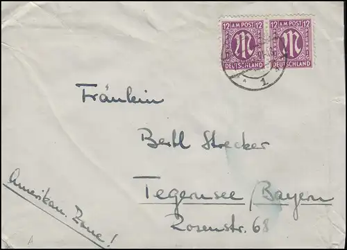 AM-Post 2x 12 Pf. Paar MeF Fern-Brief BAD GODESBERG 17.12.45 nach Tegernsee