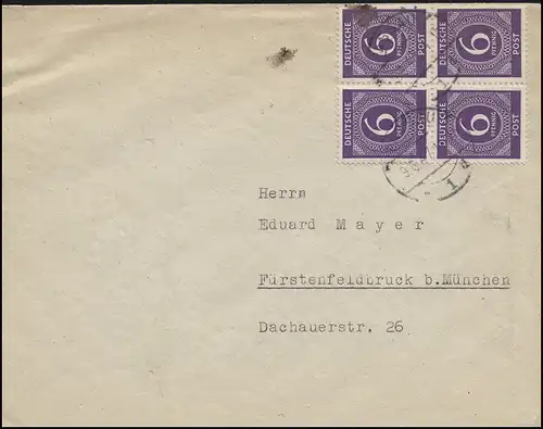 916 Ziffer 4x 6 Pf. MeF Fern-Brief von PASSAU 9.6.47 nach Fürstenfeldbruck