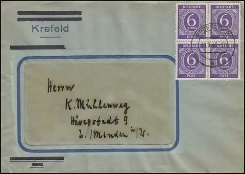 916 Ziffer 4x6 Pf. Viererblock MeF Brief KREFELD 30.8.46 nach Häverstädt/Minden