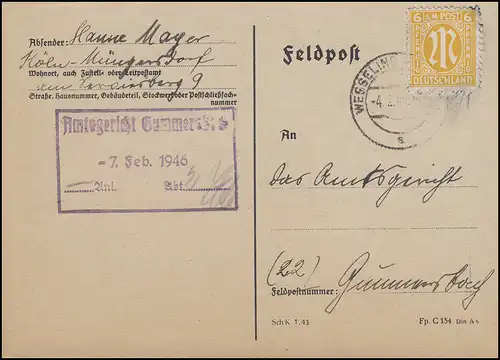 AM-Post 6 Pf. EF Carte postale WESSELING 4.2.46 au tribunal de l'Amtsgericht de Gummersbach