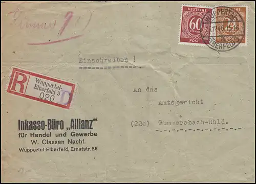925+933 Paragraphe 24+60 Pf Lettre de WUPPERTAL-ELBERFLD 23.12.46 à Gummersbach