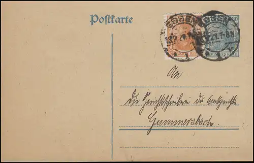 Postkarte P 120AI Germania 30 Pf mit Germania 10 Pf ESSEN 18.9.21 n. Gummersbach