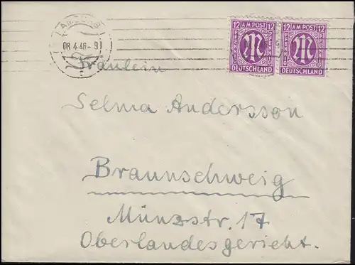 AM-Post 12 Pf. MeF Couple sur lettre HAMBURG 8.4.46 vers Braunschweig
