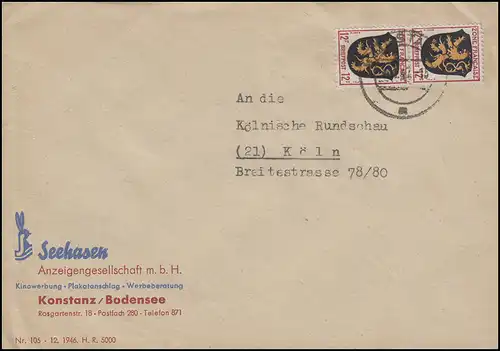 Franz. Zone Allgemein MiF 6 Wappen+Ziffer MeF Brief KONSTANZ 22.1.47 nach Köln
