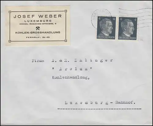 Freimarke Hitler 2x4 Pf. Paar Bf. Kohlenhandel Weber LUXEMBURG 12.7.42 an Arelux