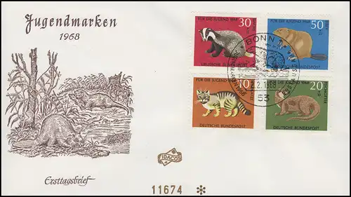 549-552 Jugend Pelztiere Biber, Dachs, Fischotter Schmuck-FDC ESSt Bonn 2.2.1968