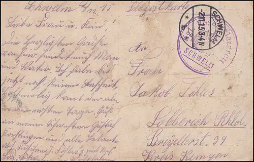 Feldpost BS Kgl. Reservelazarett Schwelm auf Propaganda-AK, 2.11.15