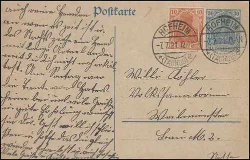 Postkarte P 120AI Germania 30 Pf mit Germania 10 HOFHEIM 7.7.21 nach Weilmünster