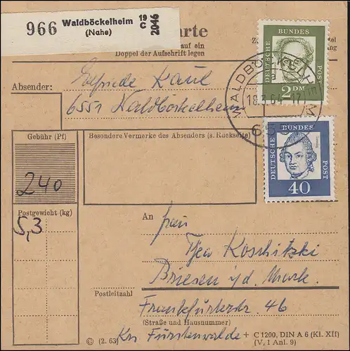 355y+362y Lessing+Hauptmann MiF Paketkarte WALDBÖCKELHEIM 18.3.64 n. Briesen/DDR