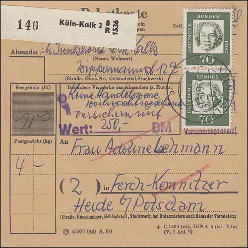 358ya Beethoven + ZF auf Paketkarte KÖLN-KALK 3.12.61 nach Ferch-Kemnitzer / DDR