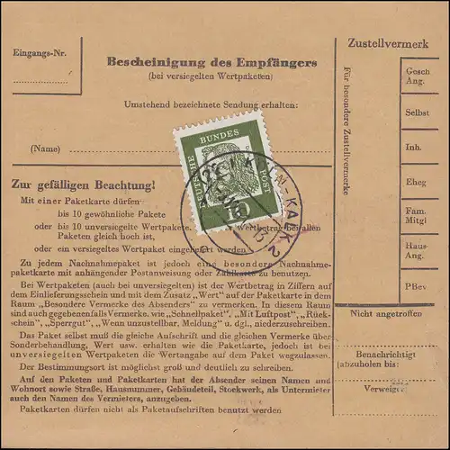 358ya Beethoven + ZF auf Paketkarte KÖLN-KALK 3.12.61 nach Ferch-Kemnitzer / DDR