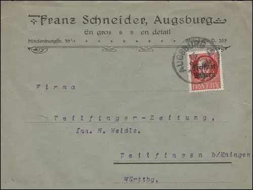 156A État libre 15 Pf. EF sur lettre Encercle AUGBURG 15.9.1919 après la pêche partielle