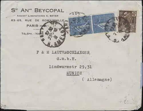 Frankreich 168 Säerin + 258 Kolonialausstellung Bf. PARIS 23.10.31 nach München