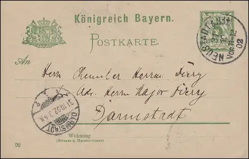 Postkarte P 56II/02 Ziffer mit DV 02, NEUSTADT a. Hdt. 31.10.1902 nach DARMSTADT