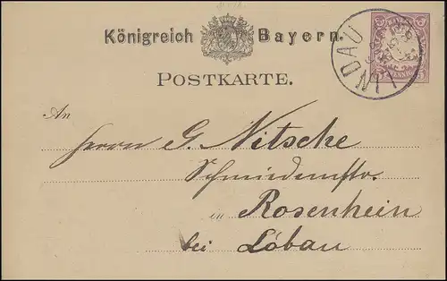 Carte postale P 18 Armoiries 5 Pf violet de Encerclement-O LINDAU 6.3.1883 à Rosenheim