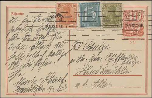 Postkarte P 141I Postreiter 40 Pf. mit Zusatzfr. Maschinen-O HANNOVER 28.5.1922