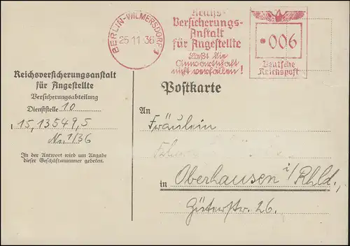 ABS Reichsversicherungsanstalt für Angestellte Karte BERLIN-WILMERSD. 25.11.1936