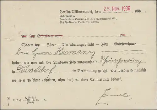 ABS Reichsversicherungsanstalt für Angestellte Karte BERLIN-WILMERSD. 25.11.1936