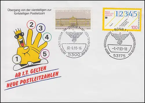 Schmuck-Umschlag Neue Postleitzahlen 1659 SSt BONN Archiv 30.6.93 / 1.7.93