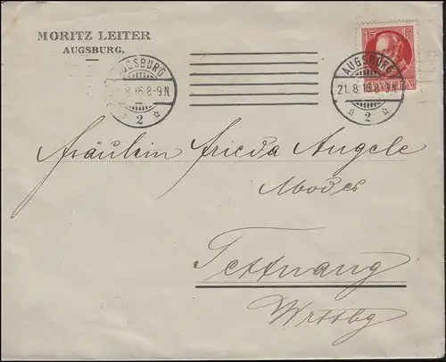 115A König Ludwig EF auf Brief Moritz Leiter AUGSBURG 21.8.1916 nach Tettnang