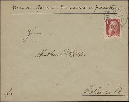 78II Luitpold 10 Pf. Type II als EF Brief AUGSBURG 24.1.1914 nach Colmar/Kolmar