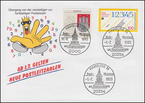 Schmuck-Umschlag Neue Postleitzahlen 1659 SSt Hamburg 30.6.93 / 1.7.93
