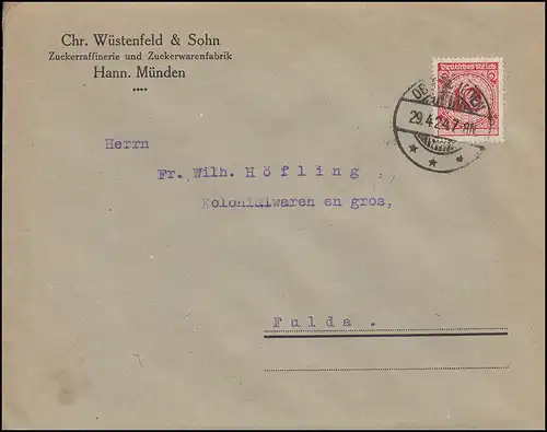 340Pa Korbdeckel EF Brief Zuckerraffinerie Zuckerwarenfabrik, gelaufen 29.4.1924