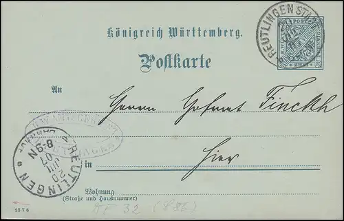 Carte postale de service DP 32/11, paragraphe 2, p. 2 du tribunal de première instance REUTLINGEN VADT 20.7.1907