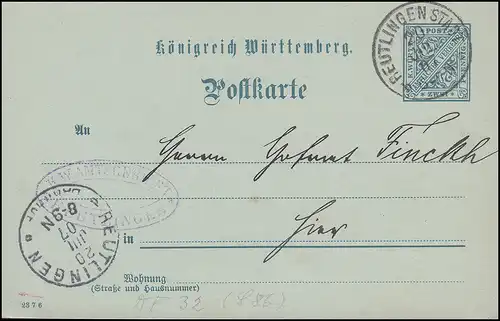 Dienstpostkarte DP 32/11 Ziffer 2 Pf. vom Amtsgericht REUTLINGEN STADT 20.7.1907