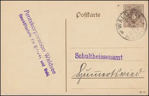 Carte postale de service DP 11Ib/13 Paragraphe 3 Pf brun DV 1215, WALDSEE (WURTT.) 21.6.1916