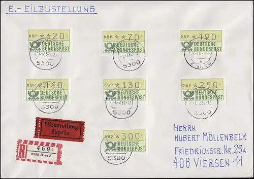 ATM 1.1.hu Ergänzungswerte von 20-300 Pf. mit 7 Werten auf Eil-R-FDC BONN 1.7.82