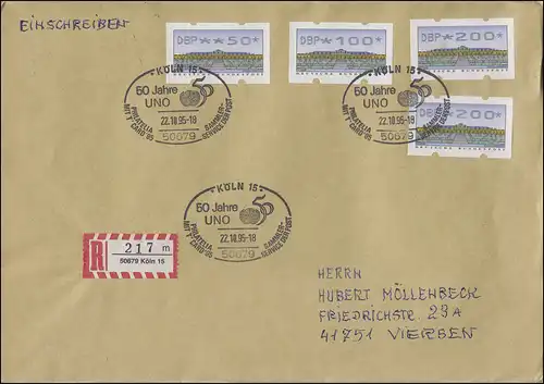 ATM 2.2.1. Sanssouci 50, 100, 2mal 200 R-Brief SSt Köln PHILATELIA UNO 22.10.95