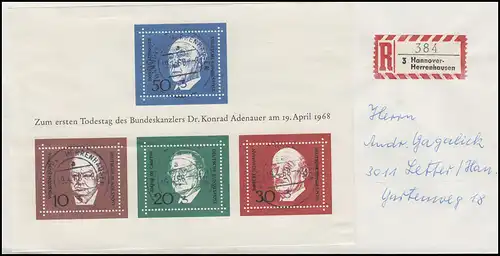 Block 4 Konrad Adenauer, EF auf R-FDC HANNOVER-HERRENHAUSEN 19.4.68 nach Letter