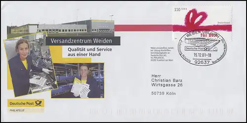 2223 Grußmarke EF Werbebrief Versandzentrum Weiden SSt WEIDEN 15.12.01 nach Köln