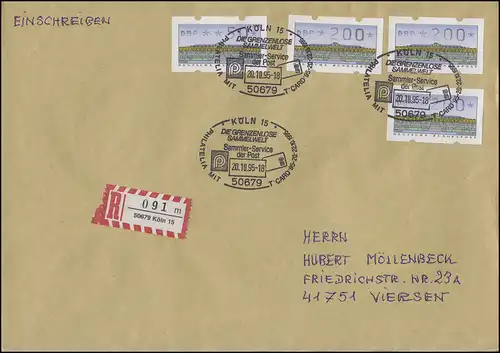 ATM 2.1.1. Sanssouci 4 valeurs 50 et 200 p. R-Lettre SSt Cologne PHILATELIA 20.10.95