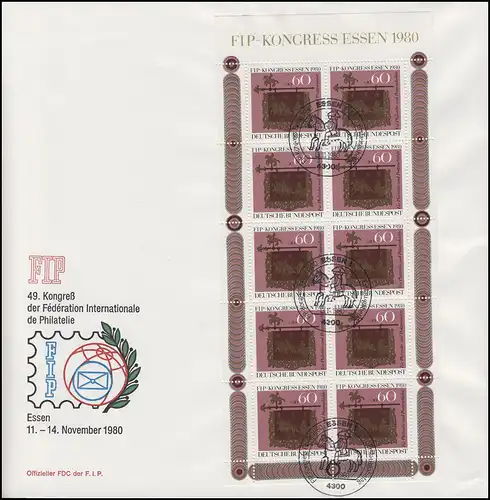 1065 Kleinbogen FIP-Kongreß 1980 Schmuck-FDC ESSt ESSEN Postreiter 13.11.80