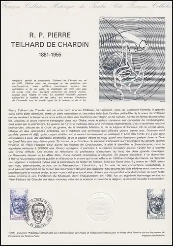 Collection Historique: Théologien et Anthropologue Pierre Teilhard de Chardin 1981