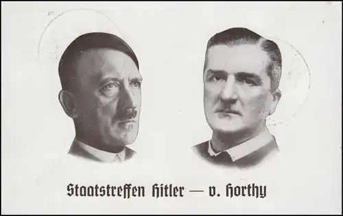 Ansichtskarte Staatstreffen Hitler und Horthy, zwei SSt NÜRNBERG 27.8./5.9.1938