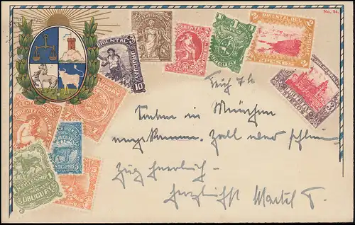 AK Briefmarken von Uruguay, EF Hindenburg 519X MÜNCHEN 2 - 5.8.37 nach Italien