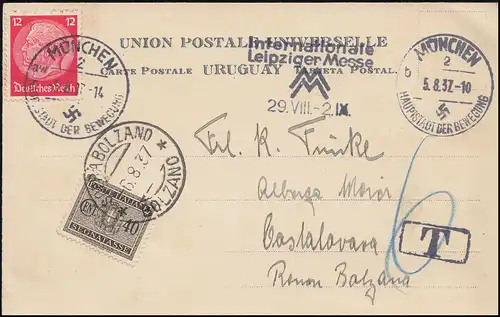 AK Briefmarken von Uruguay, EF Hindenburg 519X MÜNCHEN 2 - 5.8.37 nach Italien