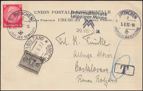 AK Timbres de l'Uruguay, EF Hindenburg 519X MÜNCHEN 2 - 5.8.37 vers l ' Italie