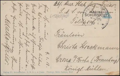 DEUTSCHE MARINE-SCHIFFSPOST No 38 - 10.1.1918 SMS von der Tann auf passender AK 