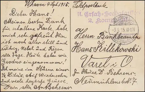 Feldpost Ersatz-Seebataillon 2 Komp. ROSTRINGEN 3.9.15 auf AK Kreuzer Hindenburg