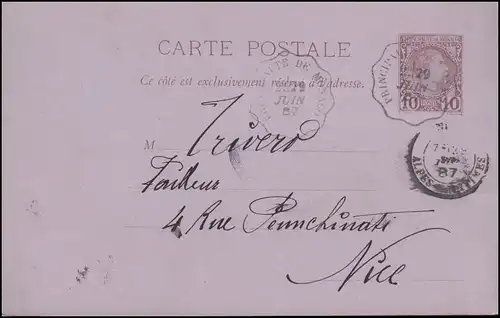 Monaco Carte postale 1 Prince Charles 10 C. Brun rouge de PRINCIPAUTE DE MONACO 29.6.1887