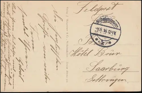 Carte de vue du sous-marin allemand, Feldpost WILHELMSHAVEN 9.5.16