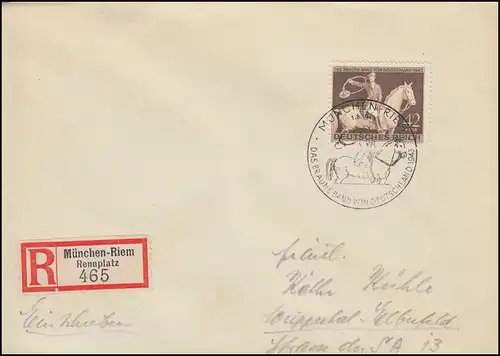 854 Das Braune Band Jagdreiter 1943 R-Brief SSt MÜNCHEN-RIEM 1.8.43 n. Wuppertal