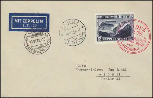 Zeppelinpost LZ 127 Vaduz-Fahrt 10.6.31, Abwurf Lausanne, Zeppelin-Etikett