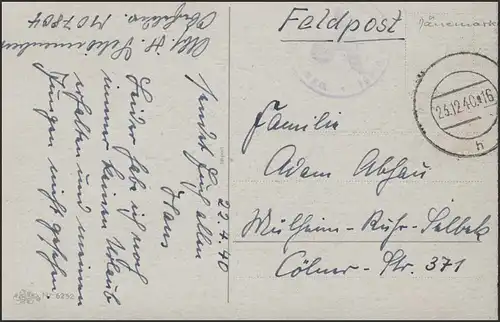 Feldpost M07804 Weihnachtskarte stummer Stempel 23.12.1940/h